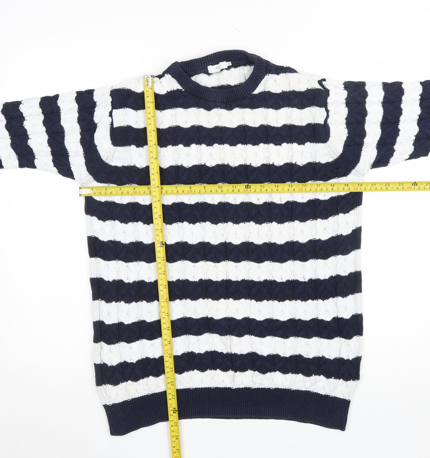 Cotton Traders Women's Blue White Striped Cable Knit Jumper M