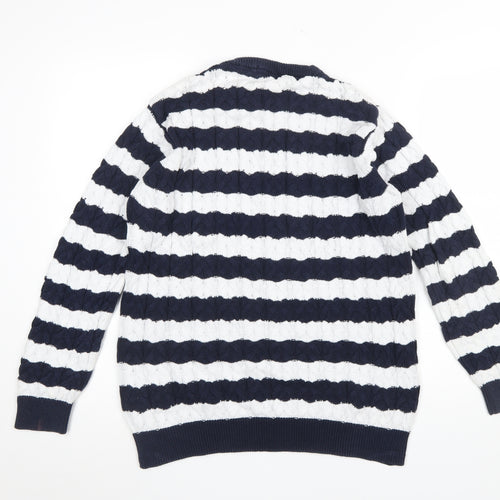 Cotton Traders Women's Blue White Striped Cable Knit Jumper M