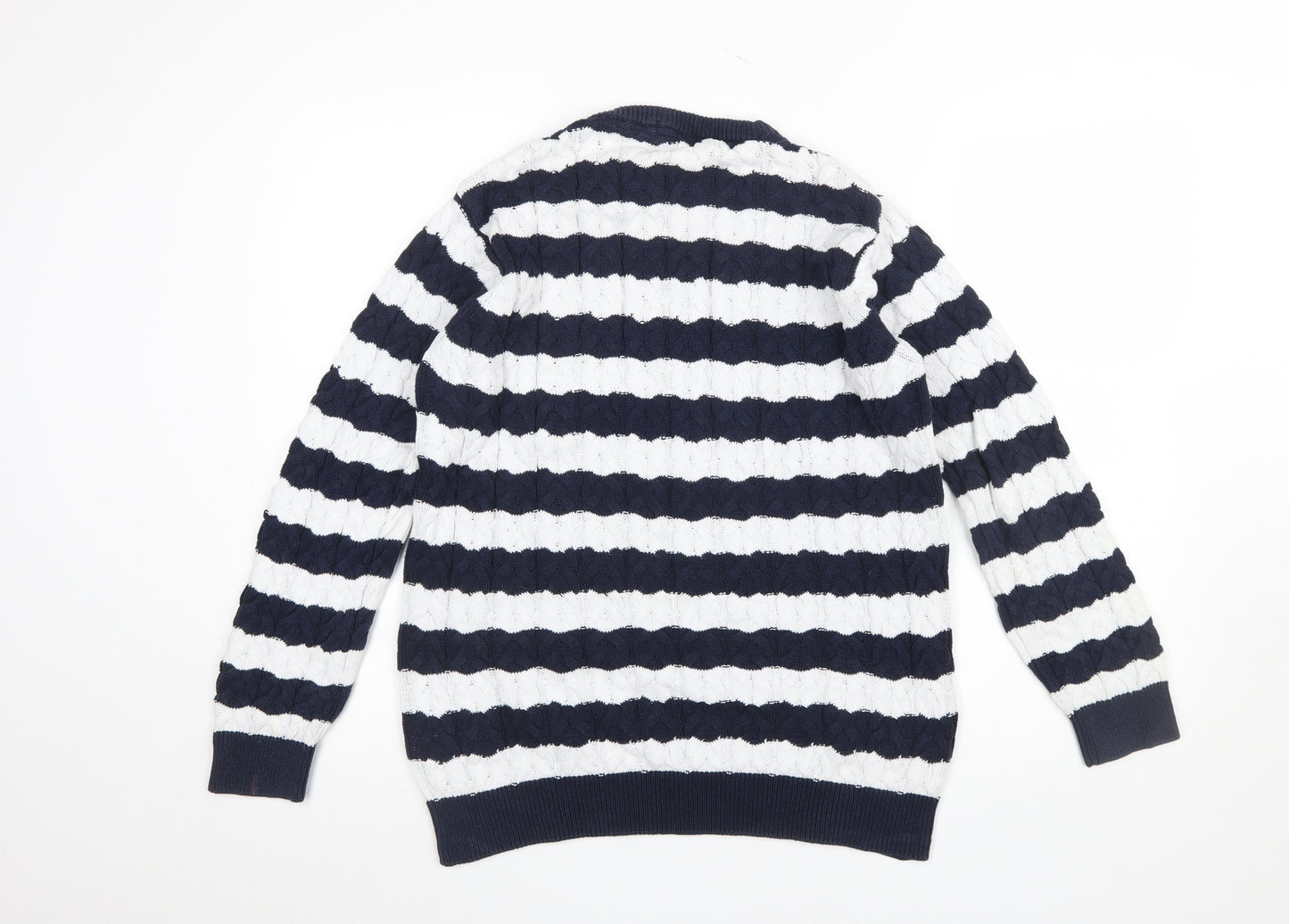 Cotton Traders Women's Blue White Striped Cable Knit Jumper M