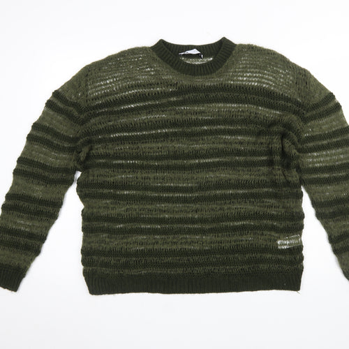 Zara Women Green Striped Open-Knit Pullover Jumper Size 12