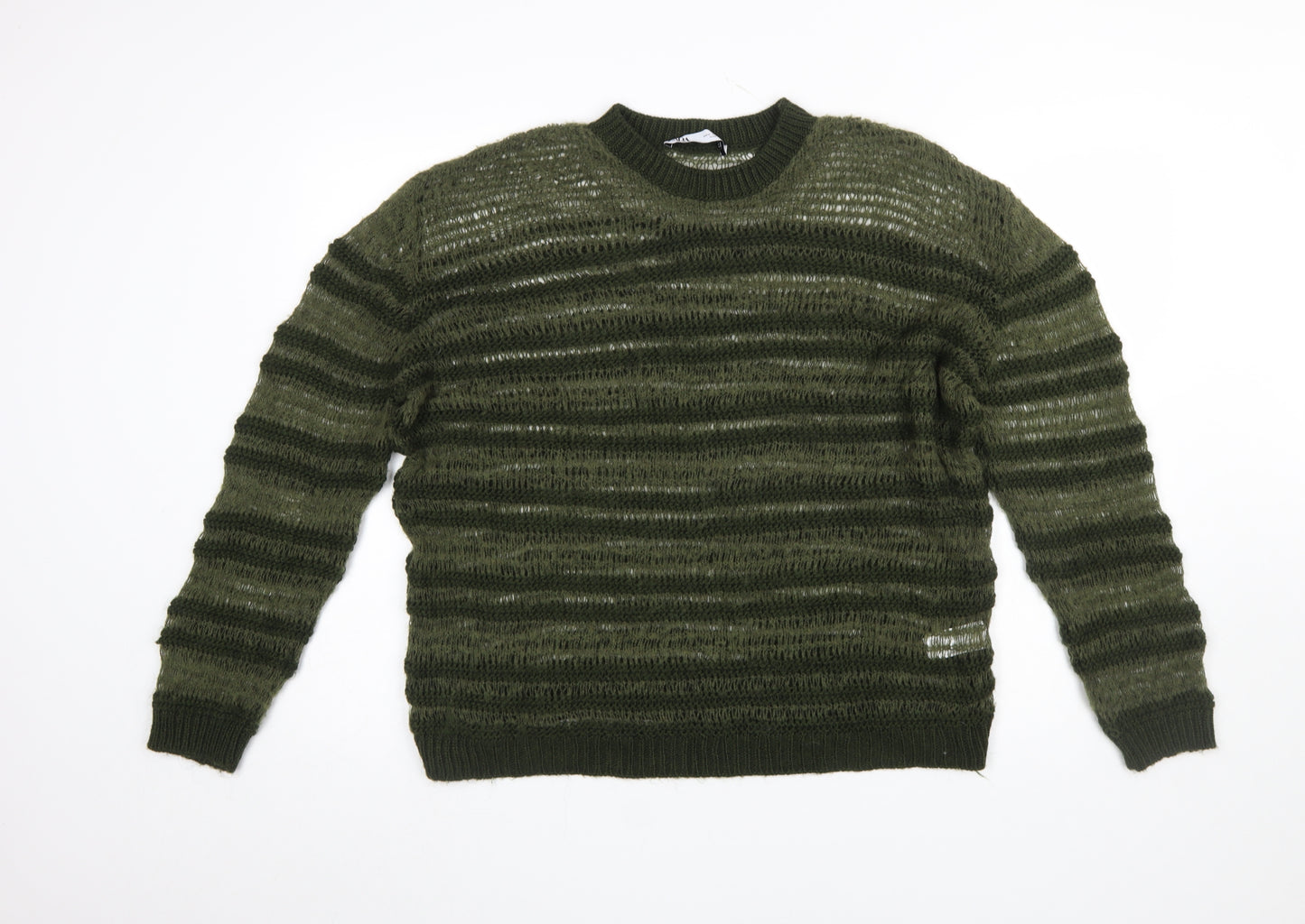 Zara Women Green Striped Open-Knit Pullover Jumper Size 12