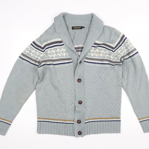 Farah Men’s Grey Fair Isle Shawl Collar Cardigan Jumper Size L