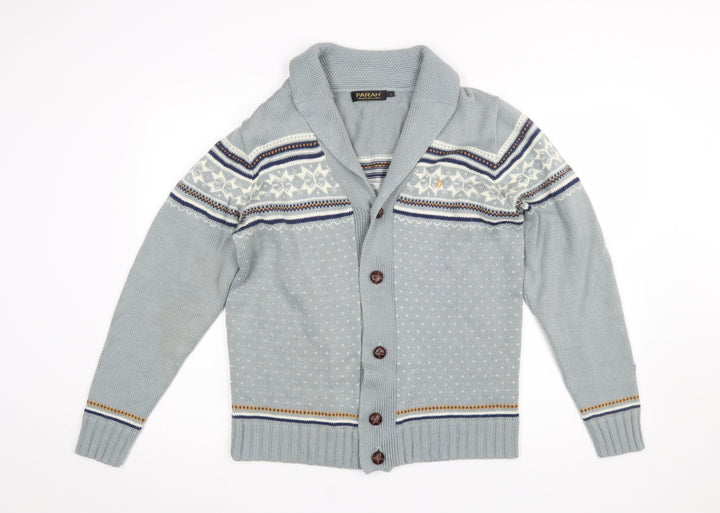 Farah Men’s Grey Fair Isle Shawl Collar Cardigan Jumper Size L