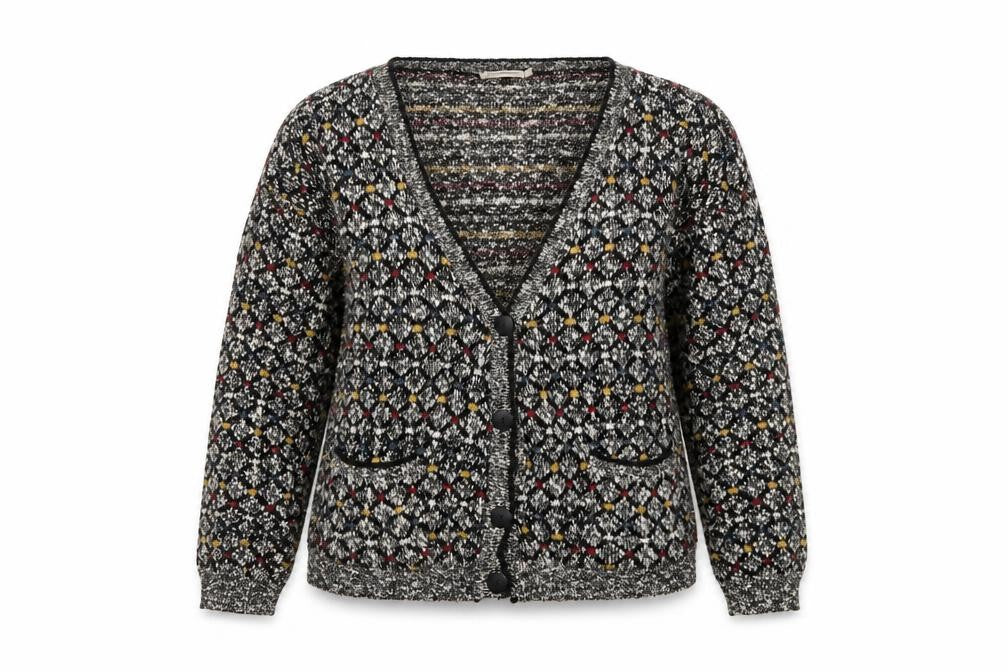 Front view of Glamorous Women’s Multicoloured Knit V-Neck Button Cardigan, size UK 14