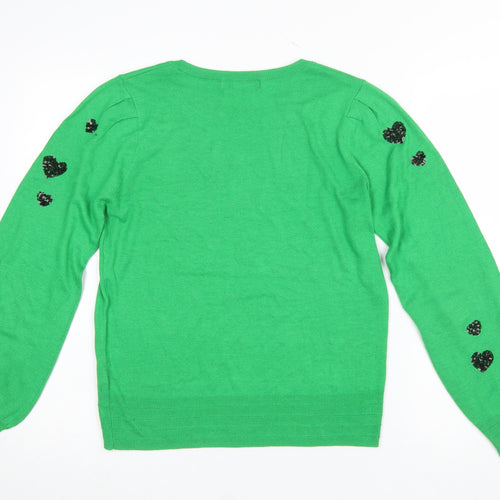 Next Women's Green Heart Sequin Crew Neck Pullover Jumper Size M