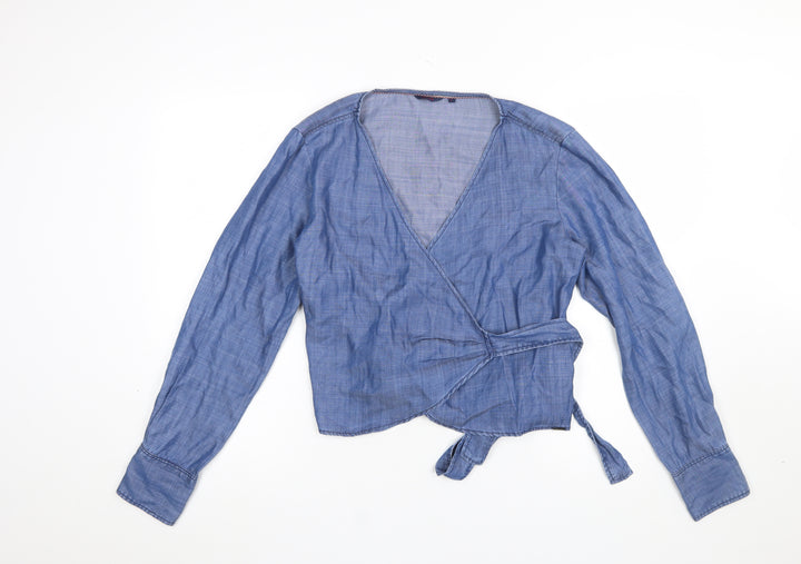 Salsa Women Blue Wrap Lyocell Chambray Blouse L Long Sleeve