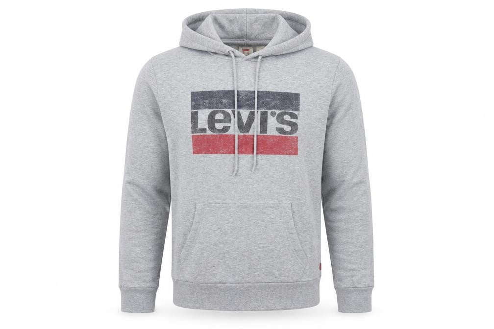 Front view of Levi's men’s grey pullover hoodie m logo graphic print cotton