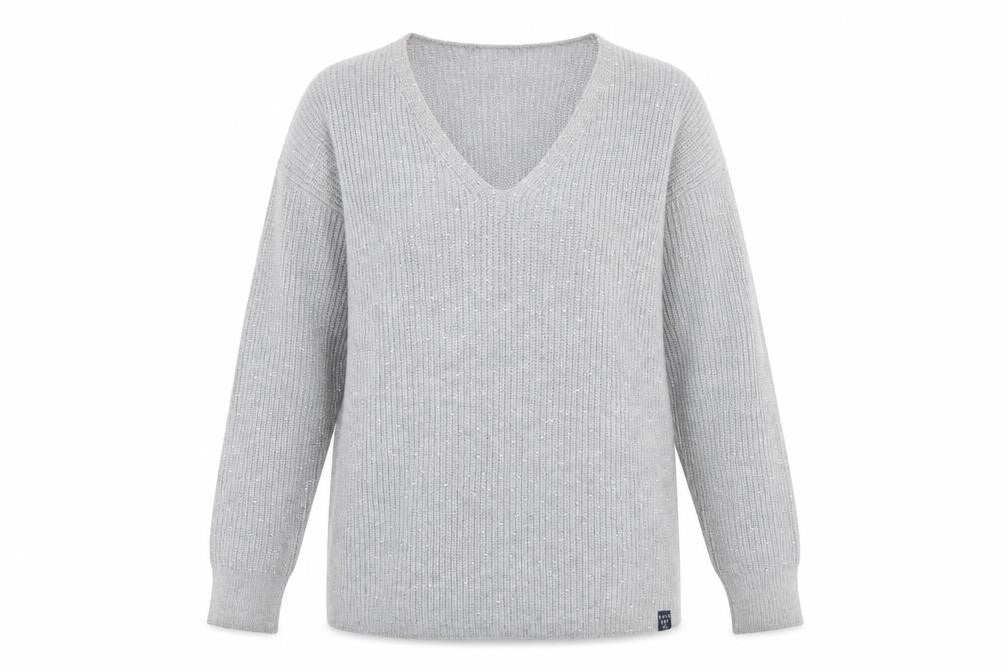 Front view of Superdry Women’s Grey V-Neck Sequin Knit Jumper, size UK 10