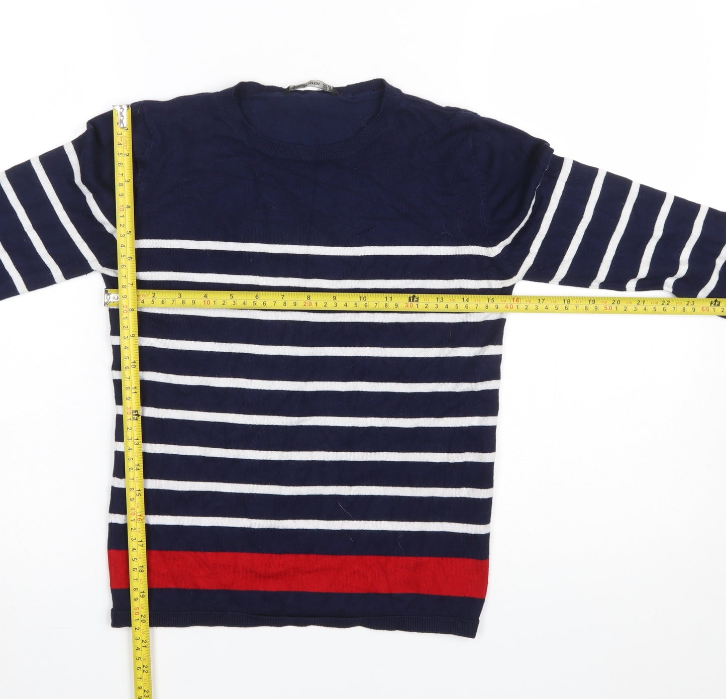 Stradivarius Women Blue Striped Crew Neck Pullover Jumper Size 12