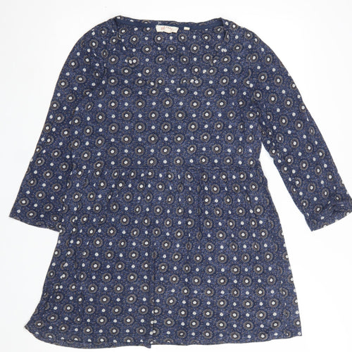 Fat Face Women Blue Floral Tunic Top UK 12 3/4 Sleeve Cotton Blend