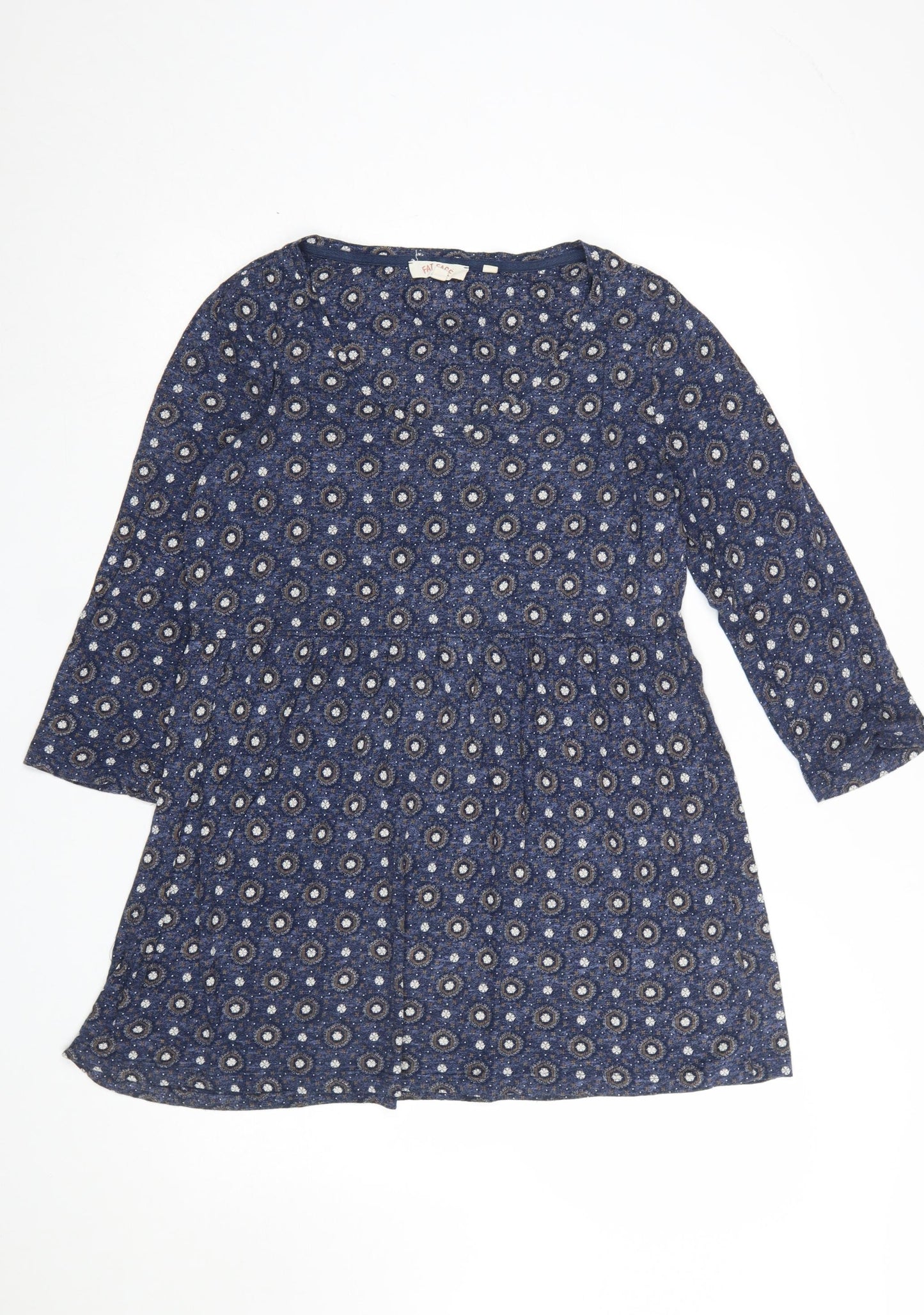 Fat Face Women Blue Floral Tunic Top UK 12 3/4 Sleeve Cotton Blend