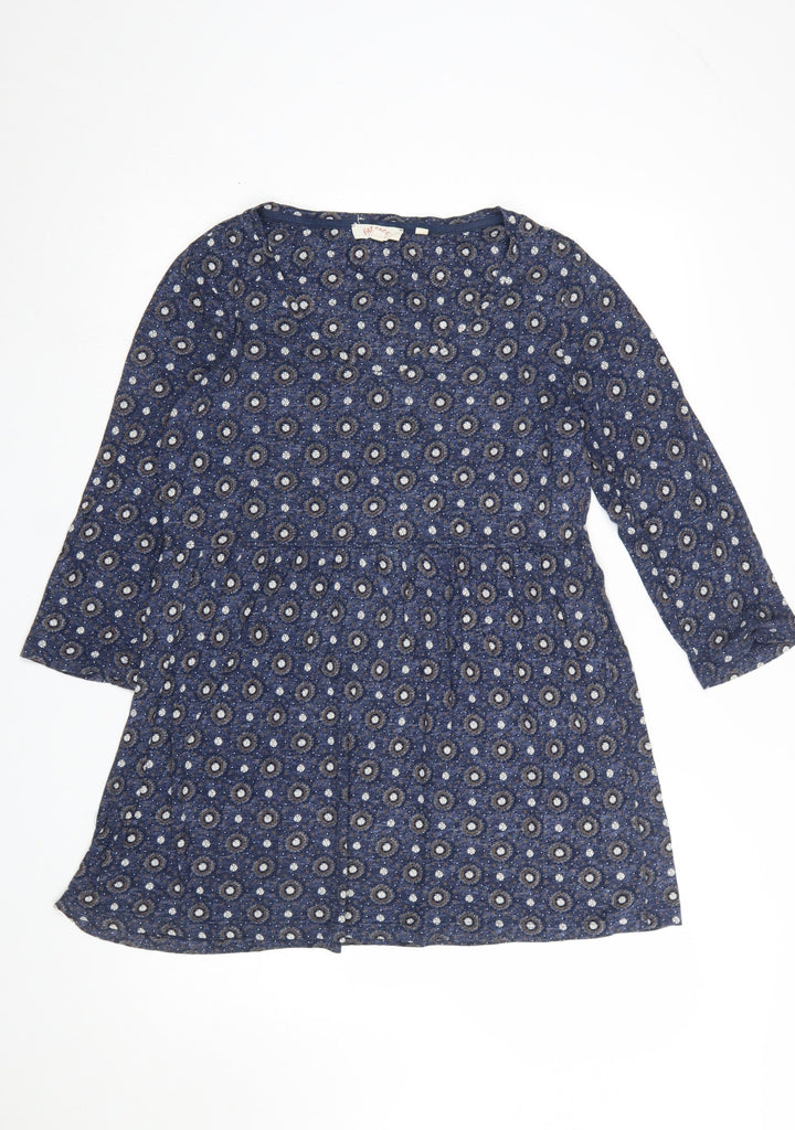 Fat Face Women Blue Floral Tunic Top UK 12 3/4 Sleeve Cotton Blend