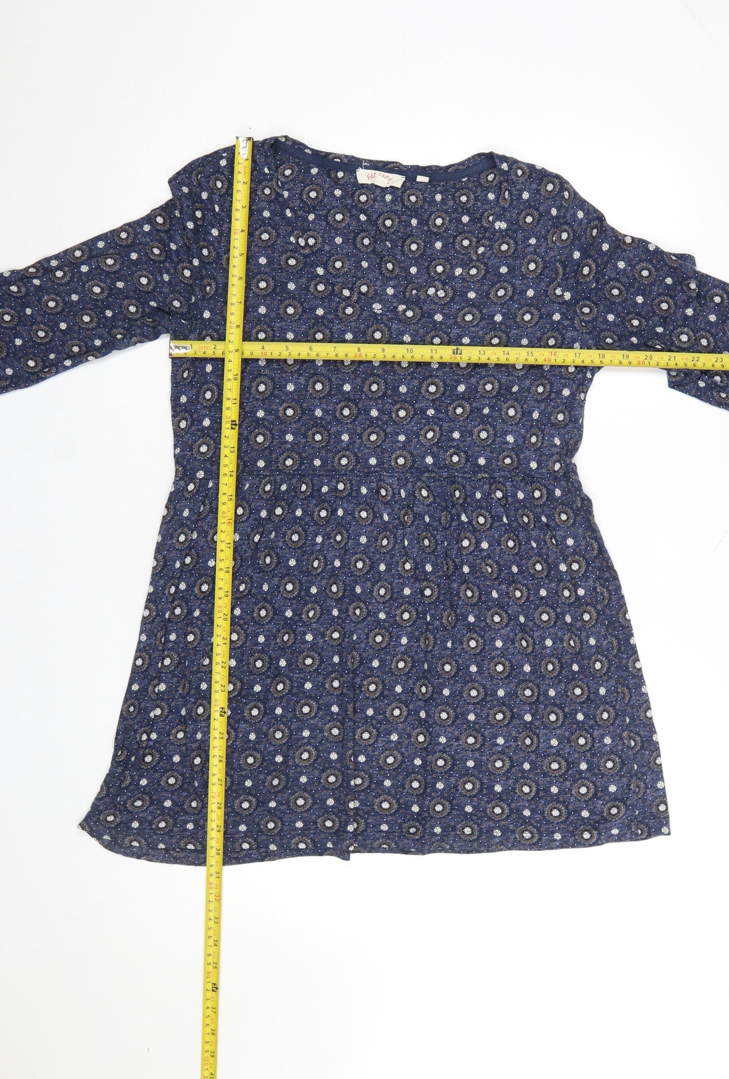 Fat Face Women Blue Floral Tunic Top UK 12 3/4 Sleeve Cotton Blend