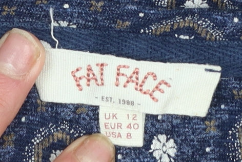 Fat Face Women Blue Floral Tunic Top UK 12 3/4 Sleeve Cotton Blend