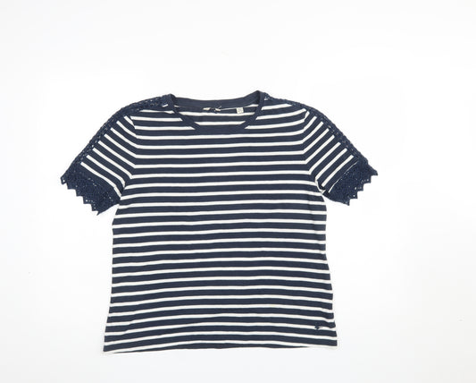 Jack Wills Women's Blue Striped Cotton Crochet Sleeve T-Shirt UK12