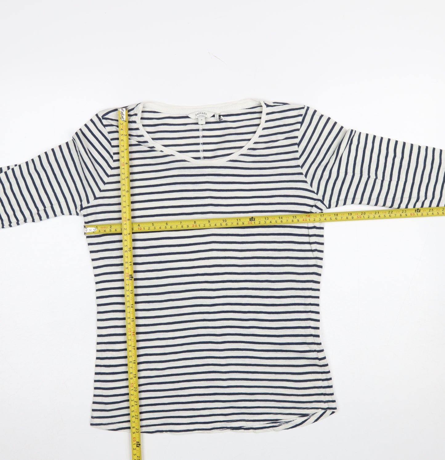 FatFace Women Blue Striped 3/4 Sleeve Cotton T-Shirt Size 8