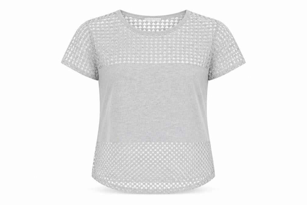 Front view of Zara Women Grey Mesh Panel Short Sleeve T-Shirt, size S