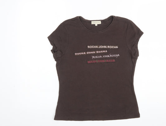 Rocha John Rocha Women Brown Cotton Embroidered T-Shirt Size 12