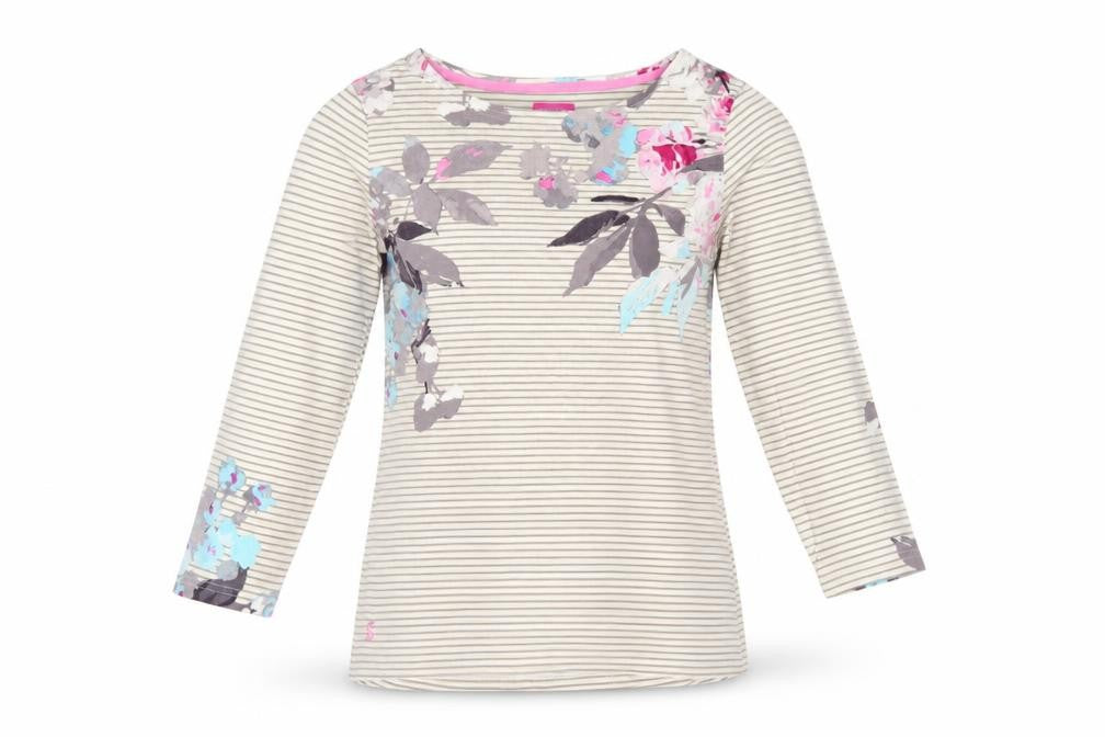 Joules Women’s Beige Floral Striped Long Sleeve Cotton T-Shirt Size 8