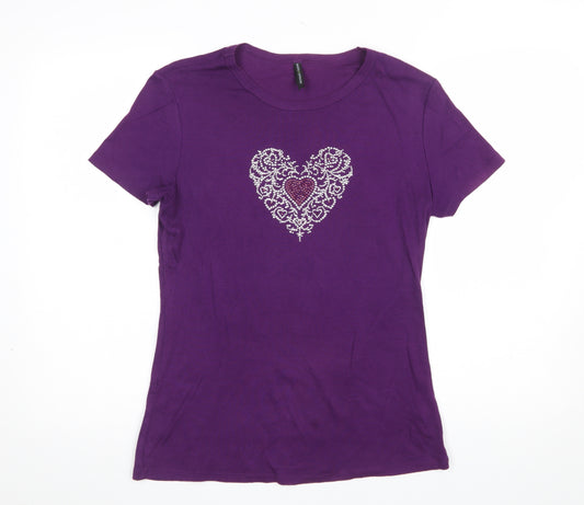 Marks and Spencer Womens Purple Heart Rhinestone Cotton T-Shirt Size 16