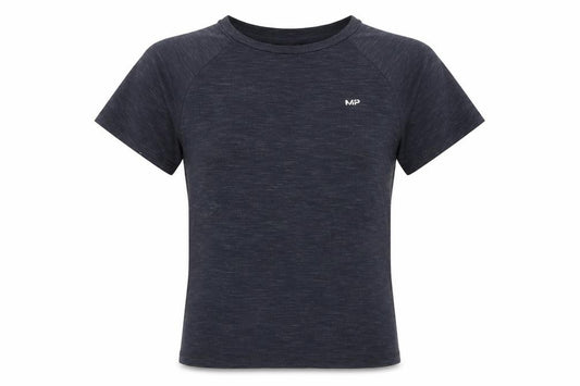 Front view of Myprotein women’s black short sleeve basic t-shirt, size M