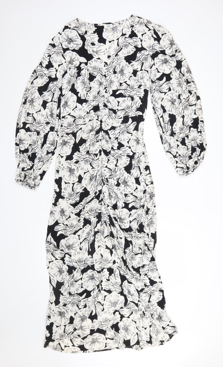 River Island Women’s Black Floral Ruched Midi Dress Size 8