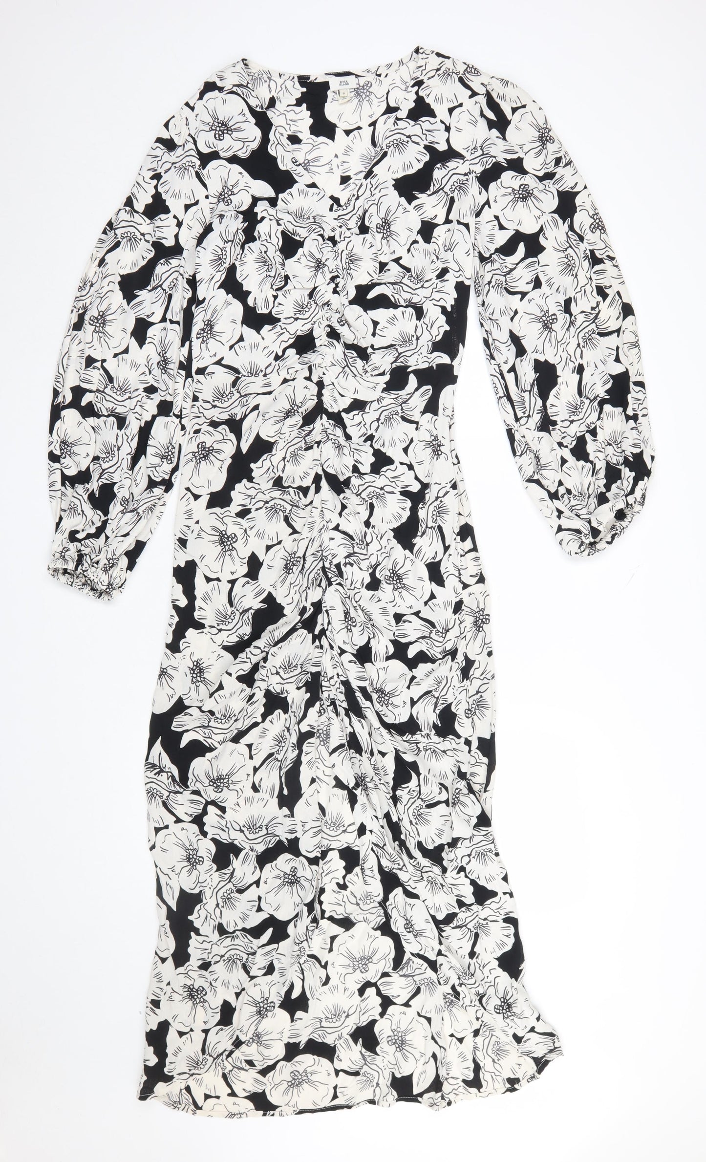 River Island Women’s Black Floral Ruched Midi Dress Size 8
