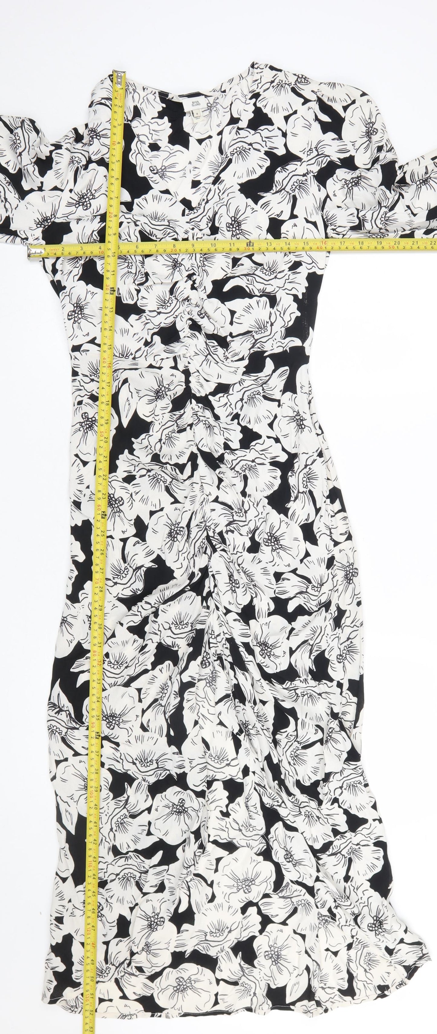 River Island Women’s Black Floral Ruched Midi Dress Size 8