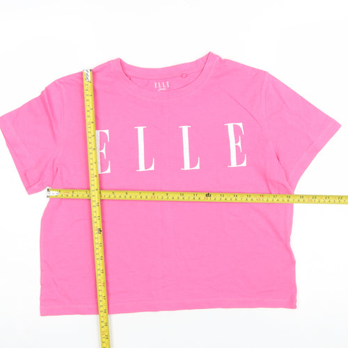 ELLE Girls Pink 14-15 Years Cotton Crew Neck Logo T-Shirt