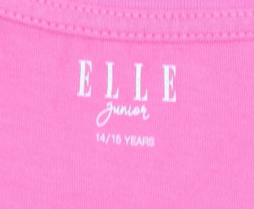 ELLE Girls Pink 14-15 Years Cotton Crew Neck Logo T-Shirt