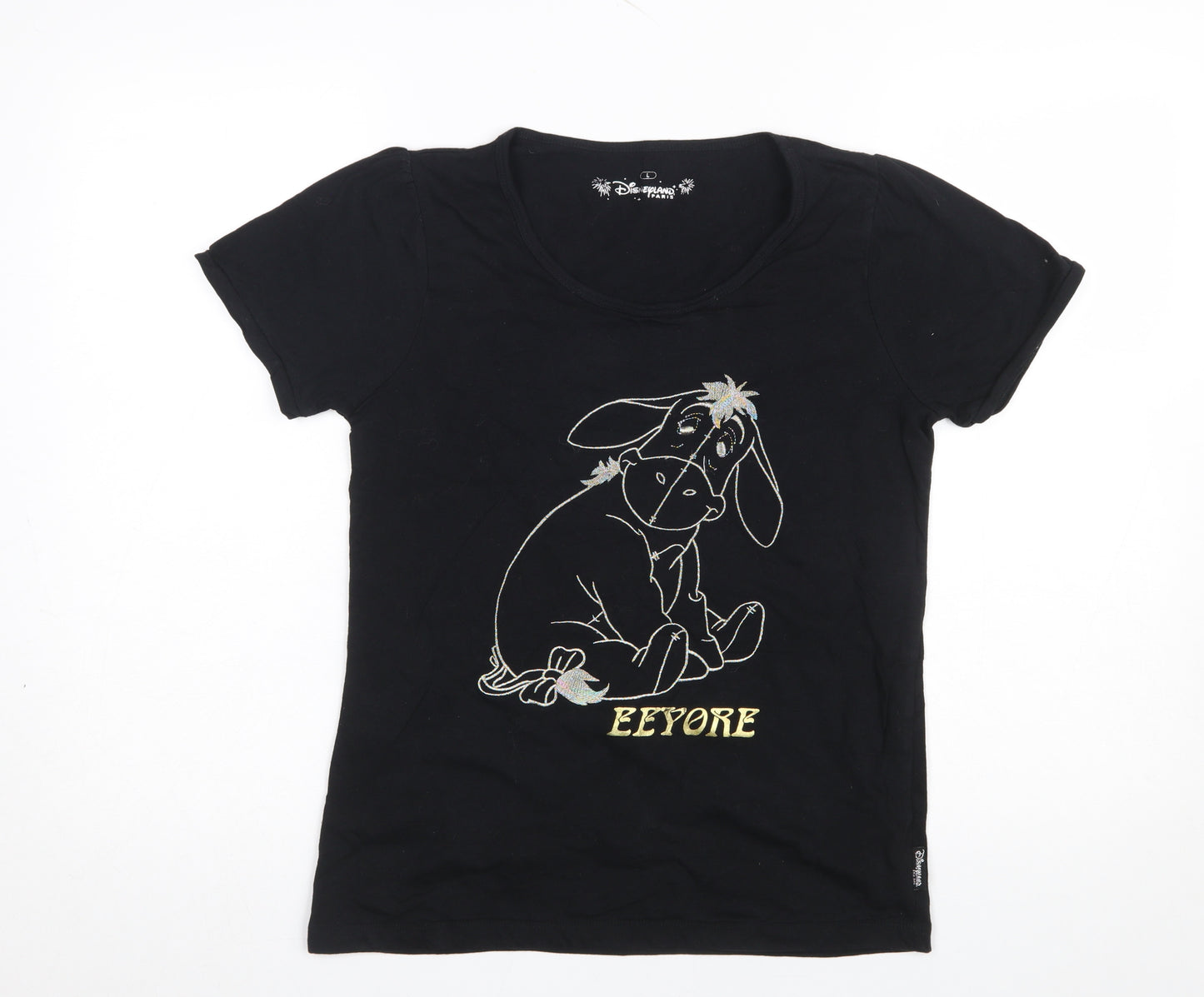 Disneyland Paris Girls Black Eeyore T-Shirt L 100% Cotton Graphic Tee