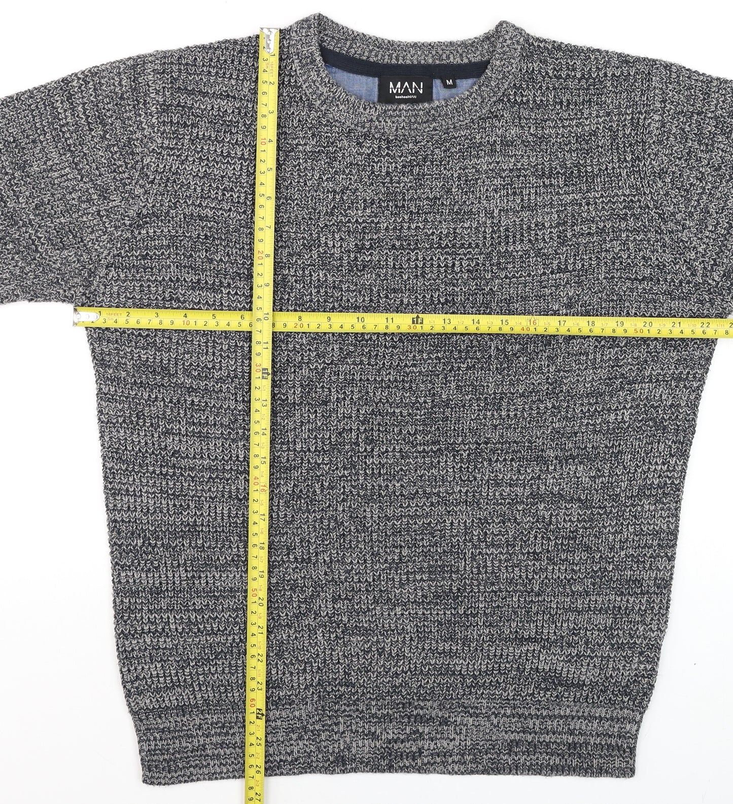 BoohooMAN Men's Grey Acrylic Knit Crew Neck Jumper Size M