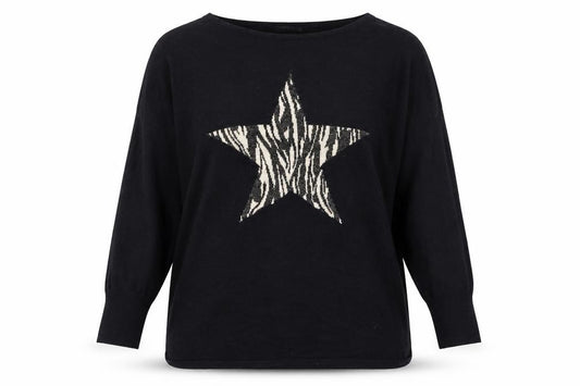 Front view of Mint Velvet women’s black xs relaxed star knit long sleeve top