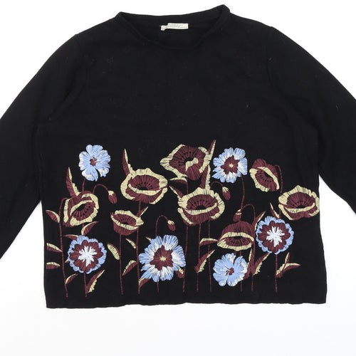 Zara Women’s Black Embroidered Floral Long Sleeve Cotton T-Shirt Size S
