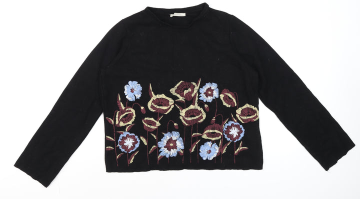 Zara Women’s Black Embroidered Floral Long Sleeve Cotton T-Shirt Size S