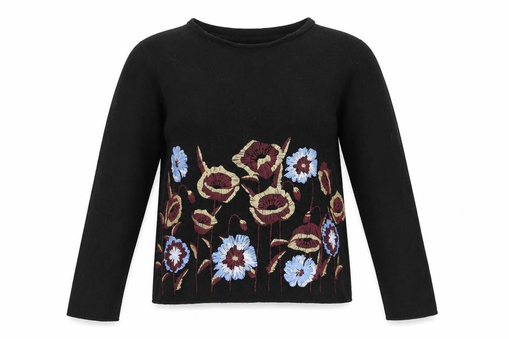 Zara Women’s Black Embroidered Floral Long Sleeve Cotton T-Shirt Size S