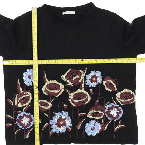 Zara Women’s Black Embroidered Floral Long Sleeve Cotton T-Shirt Size S