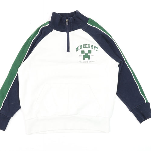 Primark Minecraft Boys White Green Navy 8-9 Years 1/4 Zip Jumper