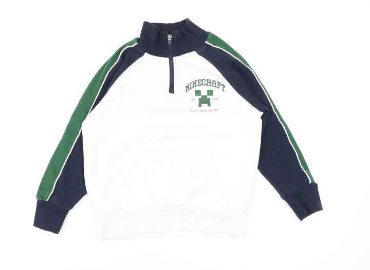Primark Minecraft Boys White Green Navy 8-9 Years 1/4 Zip Jumper