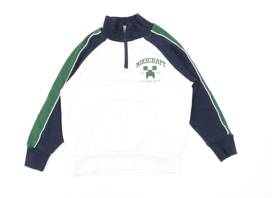 Primark Minecraft Boys White Green Navy 8-9 Years 1/4 Zip Jumper