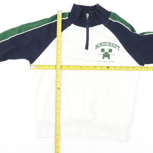 Primark Minecraft Boys White Green Navy 8-9 Years 1/4 Zip Jumper