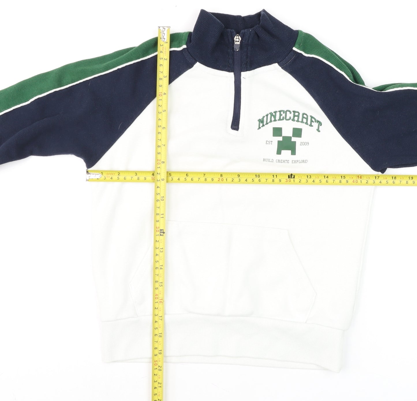 Primark Minecraft Boys White Green Navy 8-9 Years 1/4 Zip Jumper
