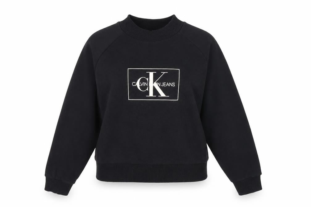 Front view of Calvin Klein Jeans Women's Black Small Logo Crew Neck Sweatshirt