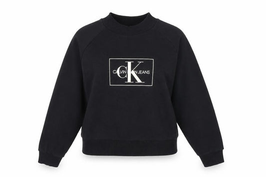 Front view of Calvin Klein Jeans Women's Black Small Logo Crew Neck Sweatshirt