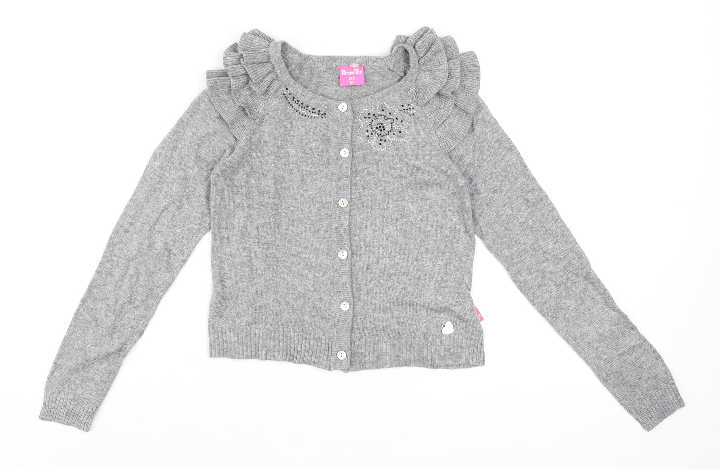 Pampolina Girls Grey Ruffle Shoulder Button Cardigan 8 Years
