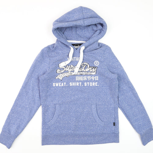 Superdry Women Blue Sequin Logo Pullover Hoodie UK 12