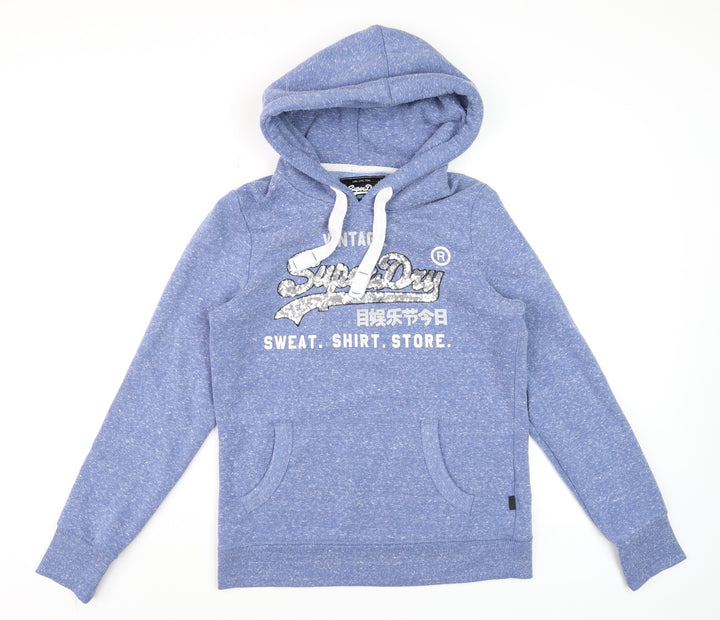 Superdry Women Blue Sequin Logo Pullover Hoodie UK 12