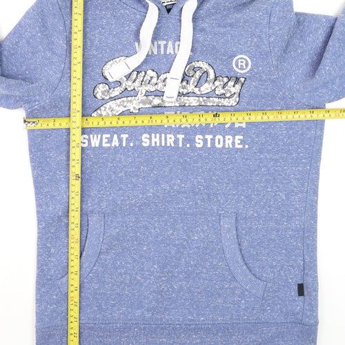Superdry Women Blue Sequin Logo Pullover Hoodie UK 12