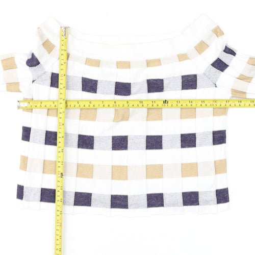 Marks and Spencer Women Beige Blue Check Off Shoulder Long Sleeve Knit Top Size 12