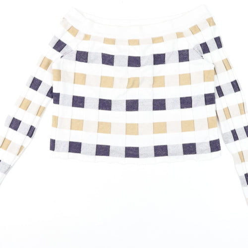 Marks and Spencer Women Beige Blue Check Off Shoulder Long Sleeve Knit Top Size 12